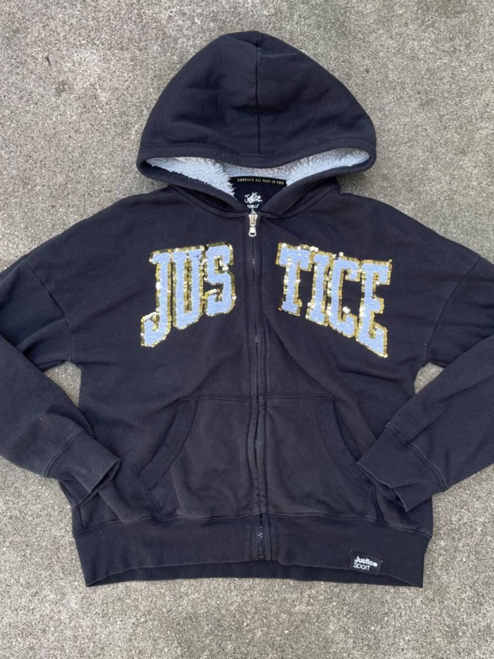 Y2K Justice Hoodie Zip Up Flip Sequin Spellout Womens XS S Indie Maximalist RARE